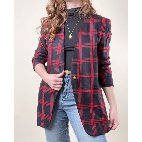 Vintage Long Plaid Oversized Blazer Jacket Coat Trench Peacoat Preppy Academia - Picture 4 of 7